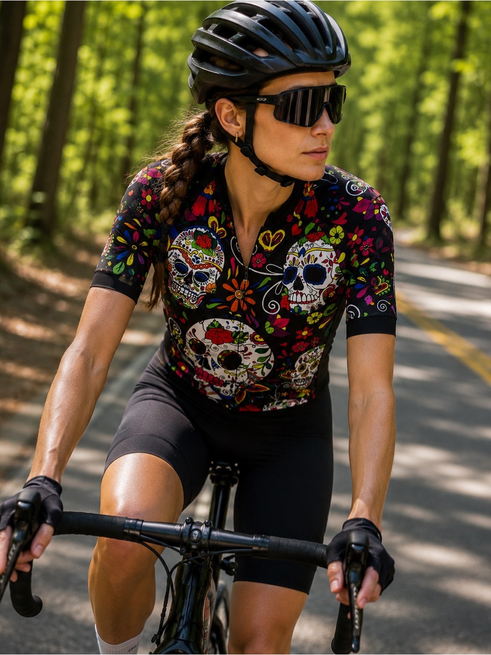 Weimostar Short Sleeve Cycling Jersey Skulls Day Of The Dead Womens XL Full Zip